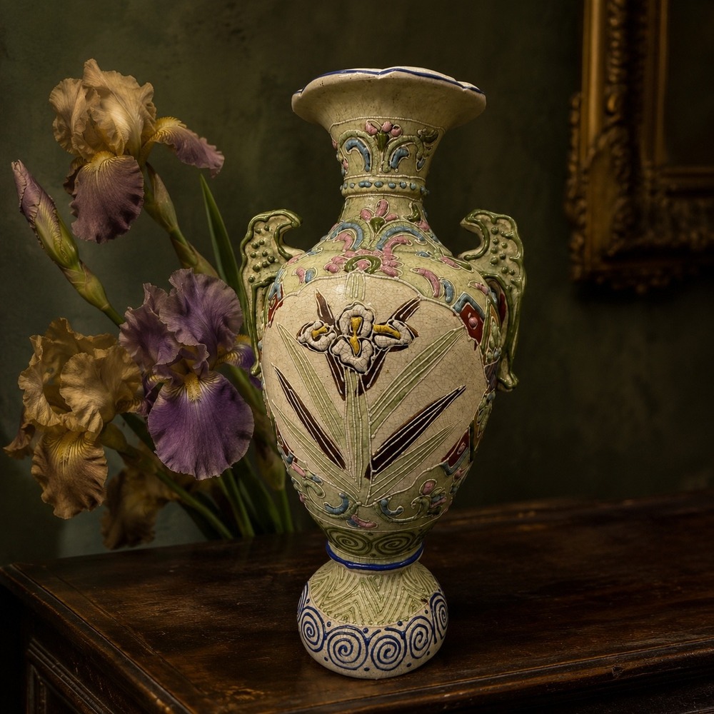 19th Century Japanese Satsuma Ware Moriage Vase Iris Floral Antique Pottery